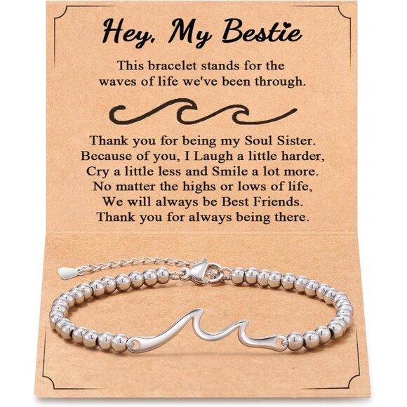 Women Stainless Steel Wave Friendship Bracelet for Best Friend BFF Gift 8in - Picture 1 of 9